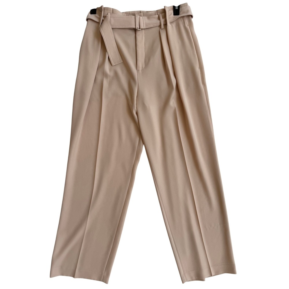 Vince Beige Belted Pleated Trousers High Rise Straight Leg Japanese Fabric Sz 8